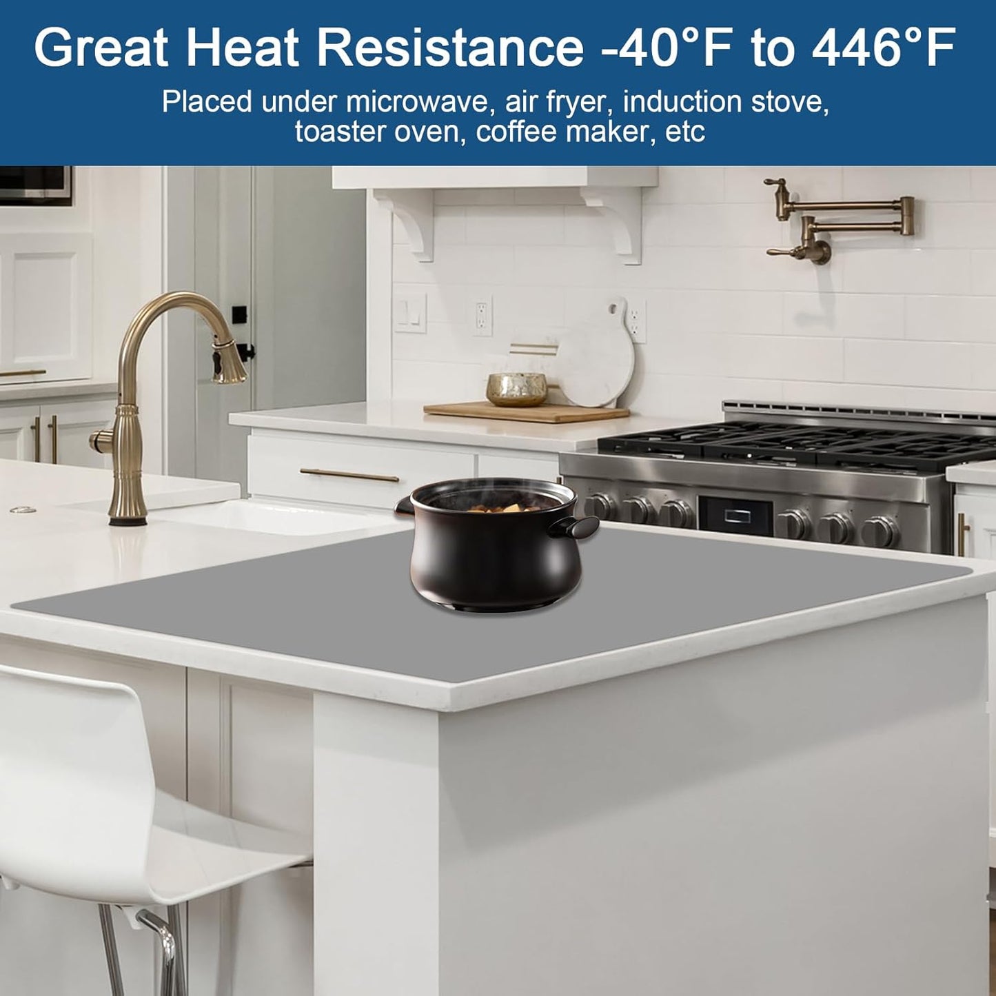 47.2"x23.6" Large Silicone Mat for Kitchen Counter, Heat Resistant Non-Slip Countertop Protector, Waterproof Silicone Craft Mat for Kitchen Island, Light Gray