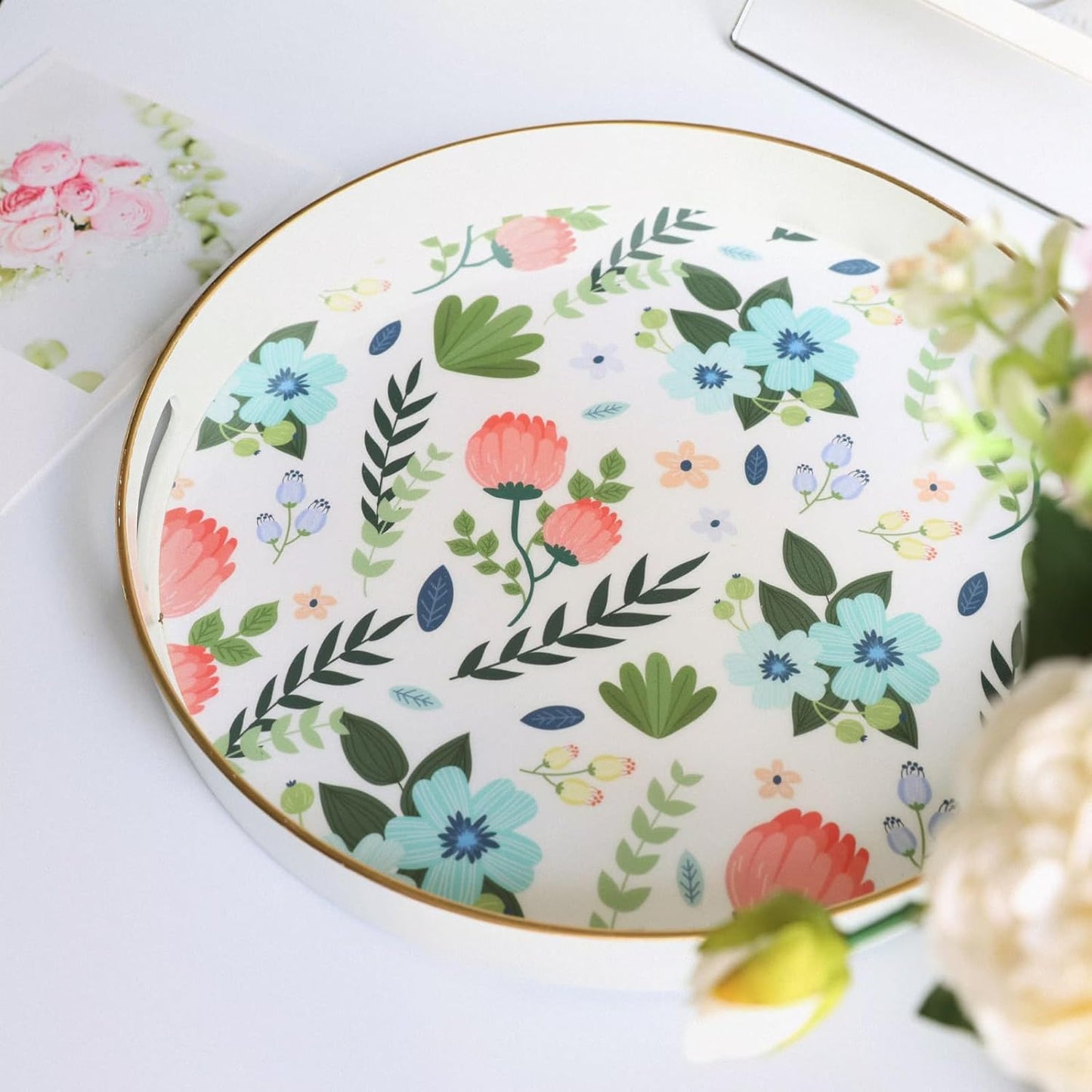 Round Serving Tray with Handles, Modern Floral Pattern, Perfect for Coffee Table, Ottoman, or Vanity, Lee33wh Color, Plastic Material