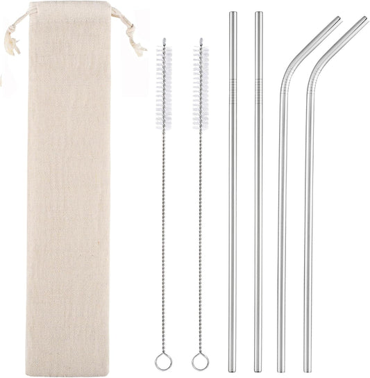 Set of 4 Reusable Metal Straws, Long Stainless Steel Straw with Cleaning Brushes and Case, Drinking for 30 oz and 20 oz Tumblers.