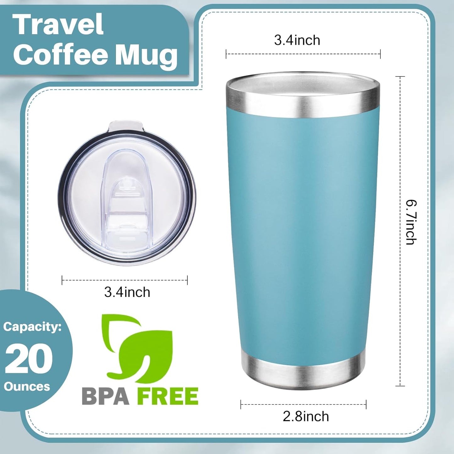 20oz Tumbler with Lid Double Wall Vacuum Insulated Travel Coffee Mug Stainless Steel Thermal Cup Powder Coated Sturdy Coffee Tumbler Bulk for Hot and Cold Beverage (Glacier blue,6)