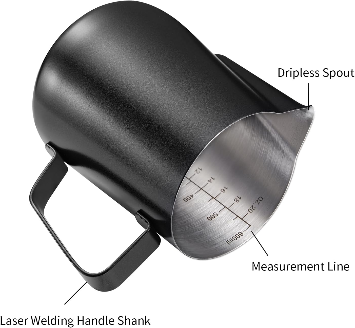 2 Pack Matte Black Milk Frothing Pitcher, 12oz/350ml & 20oz/600ml Espresso Steaming Pitcher, Stainless Steel Milk Frother Steamer Cup, Perfect for Espresso Coffee Cappuccino Latte Art