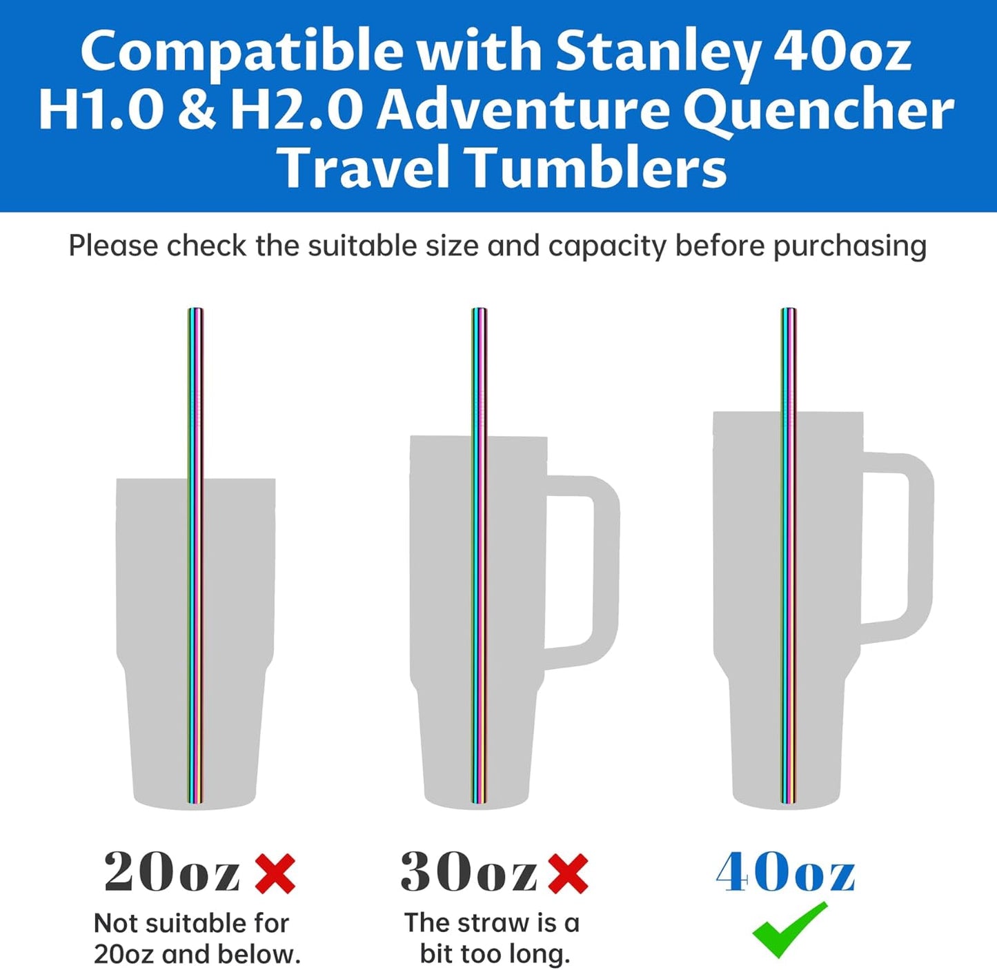 Tomorotec 8PCS Stainless Steel Straws for Stanley Tumbler 40oz, 12" Metal Straws for Stanley Cup with Brush, Reusable Drinking Straws for Smoothies, Milkshakes, Dishwasher Safe & BPA-Free (Iridescent)