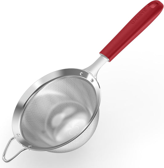 U-Taste Medium Fine Mesh Strainer: 18/8 Stainless Steel 4.73in 30 Mesh Kitchen Food Sieve with Sturdy Riveted Silicone Handle, Heavy Duty Deep Handheld Metal Colander for Rice, Quinoa, Flour (Red)
