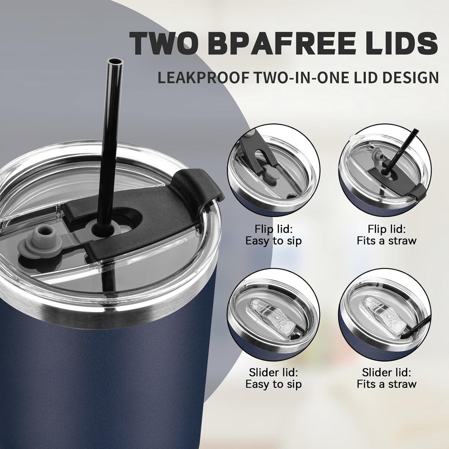 30 oz Tumbler with Lids and Straws, Stainless Steel Insulated Coffee Tumbler, Double Wall Vacuum Insulated Travel Mug Cup, Leakproof Thermal Coffee Cup for Hot and Cold Drinks (Navy Blue)