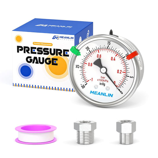 MEANLIN MEASURE -30inHG~0Psi Vacuum Pressure Gauge 316 Stainless Steel Joint 1/4" NPT 2.5" FACE DIAL, Liquid Filled Pressure Gauge WOG Water Oil Air Back Mount with Stainless Steel Hex Bushing, Snaps