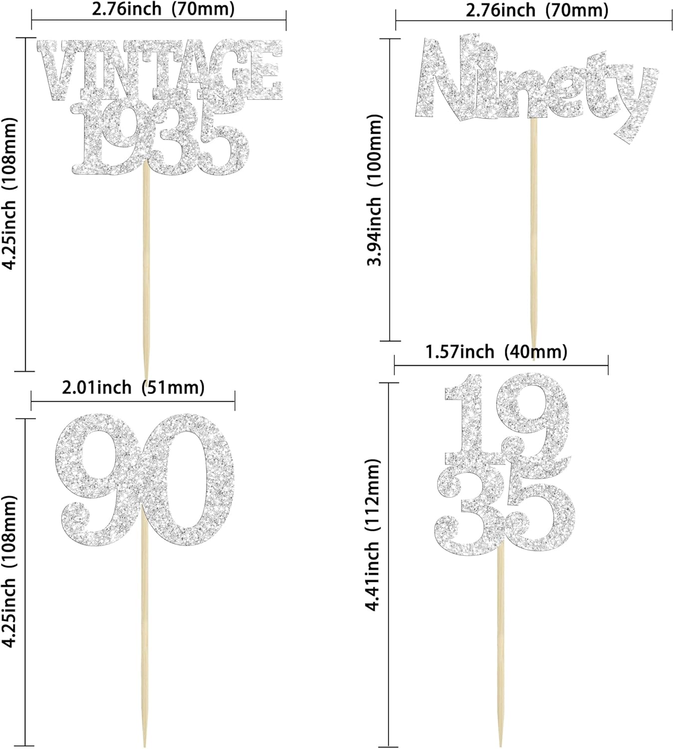 Gyufise 24Pcs 90th Birthday Cupcake Toppers Glitter Cheers to 90 Fabulous Ninety Vintage 1935 Cupcake Picks 90th Birthday Wedding Anniversary Party Cake Decorations Supplies Silver