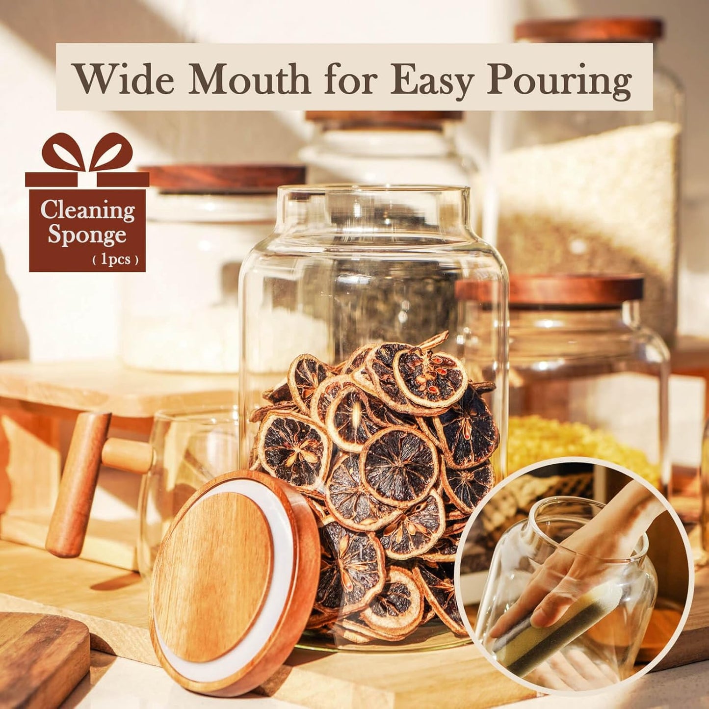 Labina Glass Storage Container Airtight Food Jars Kitchen Canister with Wood Lids, 88 Oz Wide Mouth Pantry Organization Glass Jar for Flour, Sugar, Cookie, Spagetti, Nuts and Candy