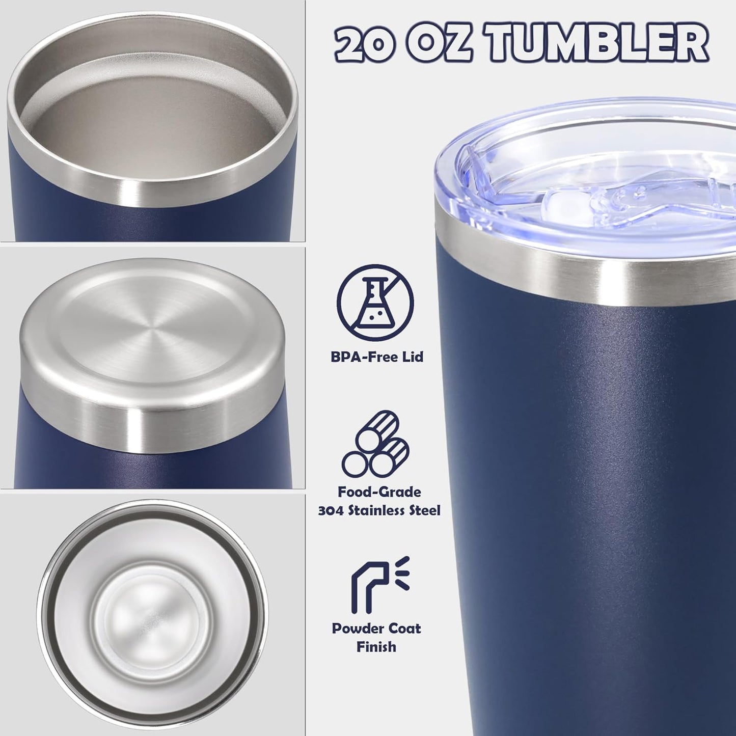 20oz Tumbler Stainless Steel Tumbler Cup with Lid Vacuum Insulated Double Wall Travel Mug, Durable Powder Coated Travel Coffee Tumbler Mug for Hot & Cold Drinks, Navy,4 Pack