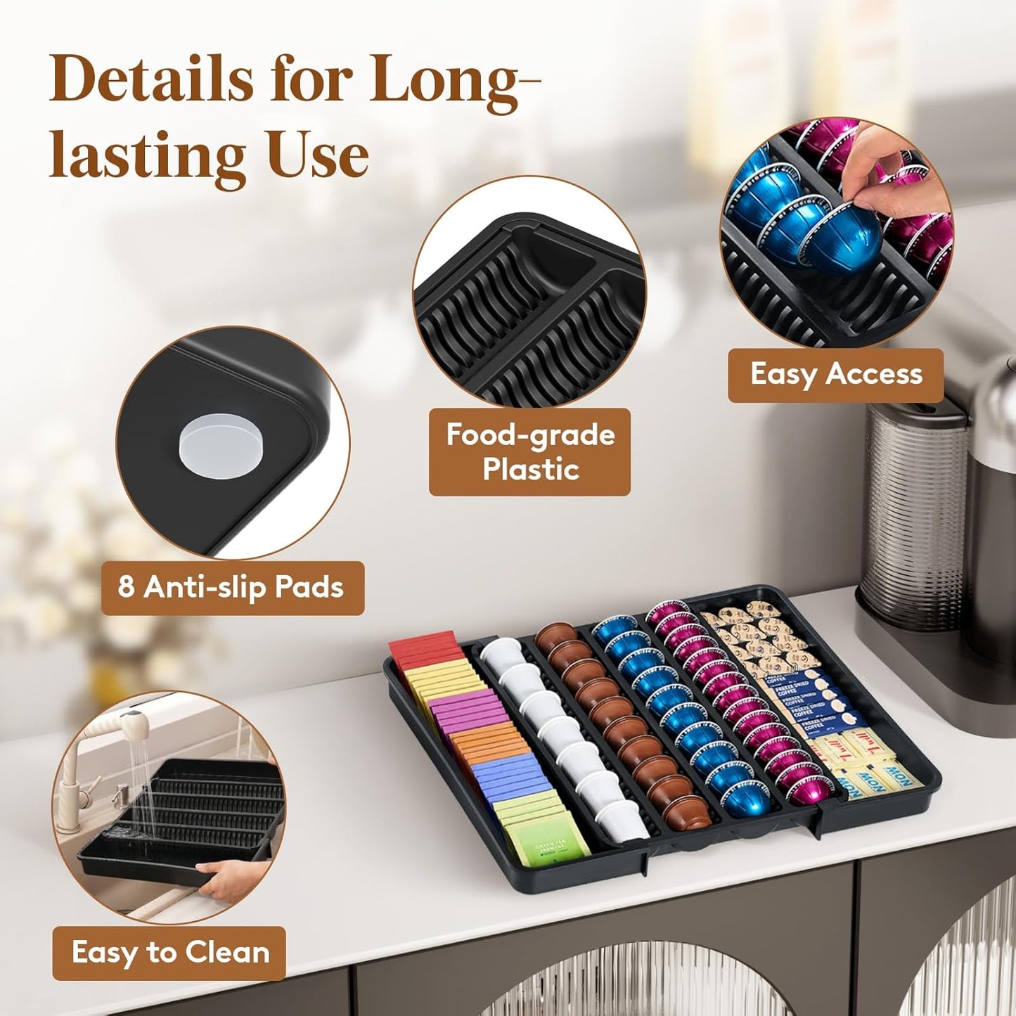 Lifewit Coffee Pod Holder Drawer Organizer, Expandable Coffee Pods Storage Drawers Insert for Tea Bags, Bar Organizer Compatible with K Cup, Nespresso OriginalLine, VertuoLine Capsules Black
