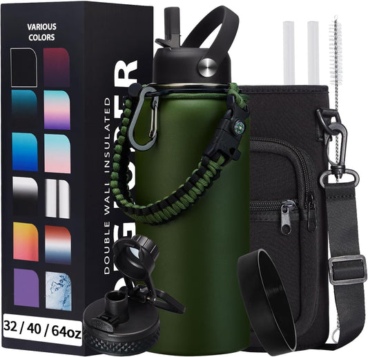 Insulated Water Bottle 32 oz - Cold-48h & Hot-24h Stainless Steel Vacuum Flask with Straw & Pop-up Chug Lid, Leak Proof 32oz Water Bottles, Wide Mouth Hydro Metal Thermal Cups for Gym Work