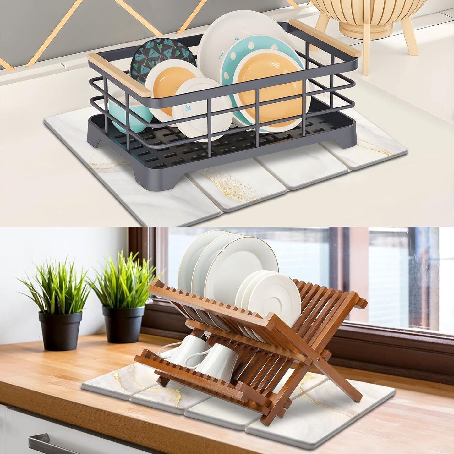 Large Stone Dish Drying Mat for Kitchen Counter Quick Dry Stone Dishes Mats Marbled Water Absorbing Diatomaceous Earth Drying Pad for Countertop Bottles Utensils Cups (Yellow White 24"x16"&8"x4")