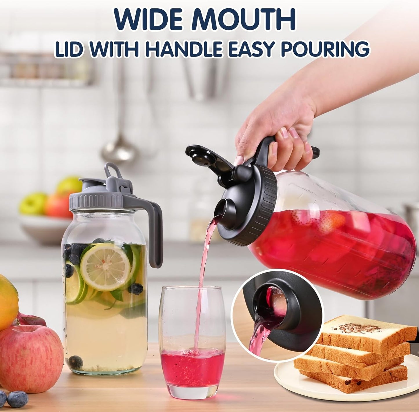 3 Packs 64OZ Glass Pitcher with Lid, Wide Mouth Mason Jar Water Jug, Leak-Proof Airtight Mason Jar for Cold Brew Coffee, Iced tea, Milk, Food Storage, Sun Tea