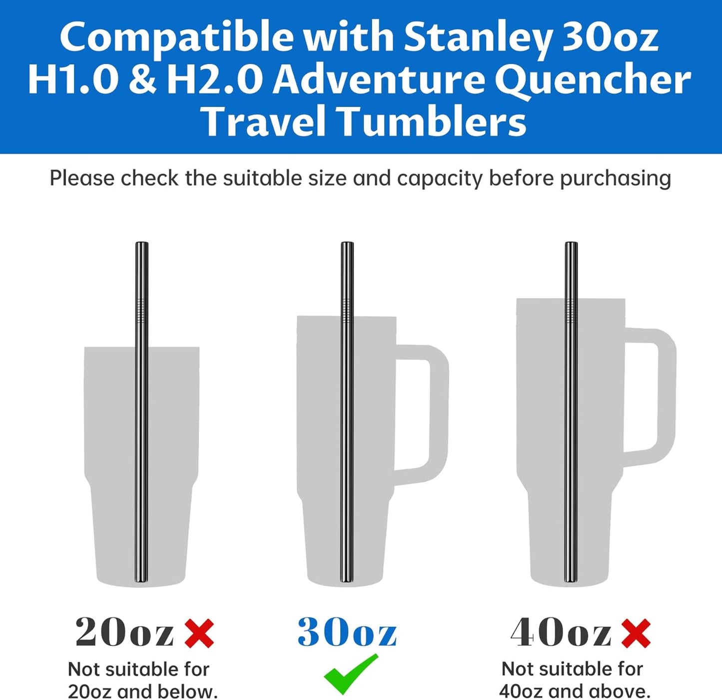 Tomorotec 11 Inch Stainless Steel Reusable Drinking Straws 14PCS & 2 Cleaning Brushes Set with Curved & Straight Designs, Compatible with 30oz Stanley Tumblers, Dishwasher Safe, BPA-Free (Black)