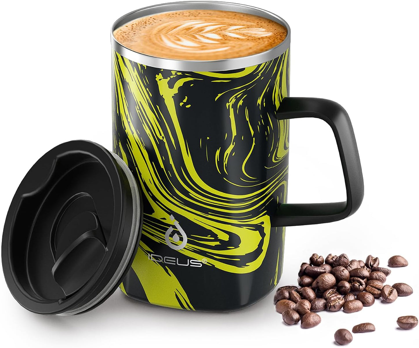 Ideus Vacuum Insulated Coffee Mug, 16oz Reusable Stainless Steel Thermal Double Walled cup with Handle and Slider Lid for Hot & Cold Beverages, BPA Free (Yellow Zebra)