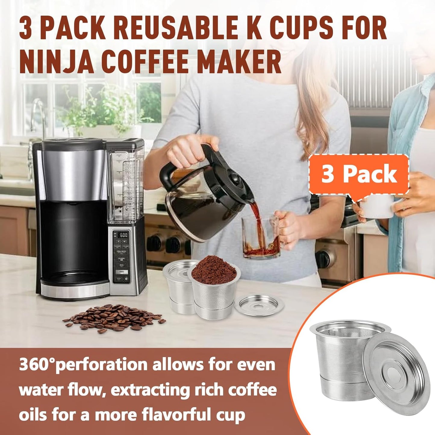 3 Pack Reusable Stainless Steel K Cup & Coffee Pods Filters for Ninja Coffee Maker, Compatible with Ninja CFP101, PB041 & PB051 Single Serve and Dual Brew Coffee Makers