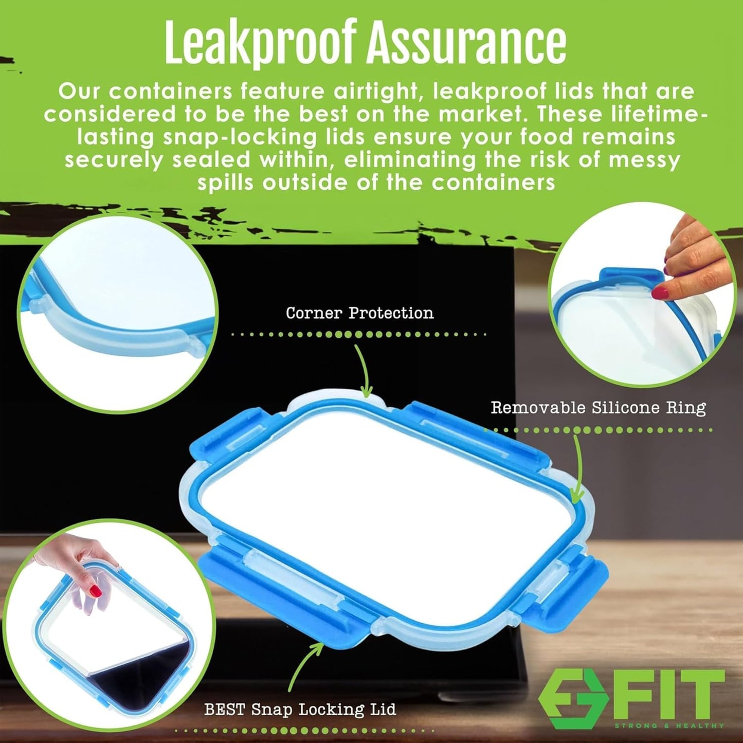 FIT Strong & Healthy Glass Meal Prep Containers, 2 & 3 Compartments - Portion Control, Lunch Container Set, Food Storage, Airtight Lids, Oven & Freezer Safe, Leak-Proof Bento Box, 32 oz, Blue, 4 Pack