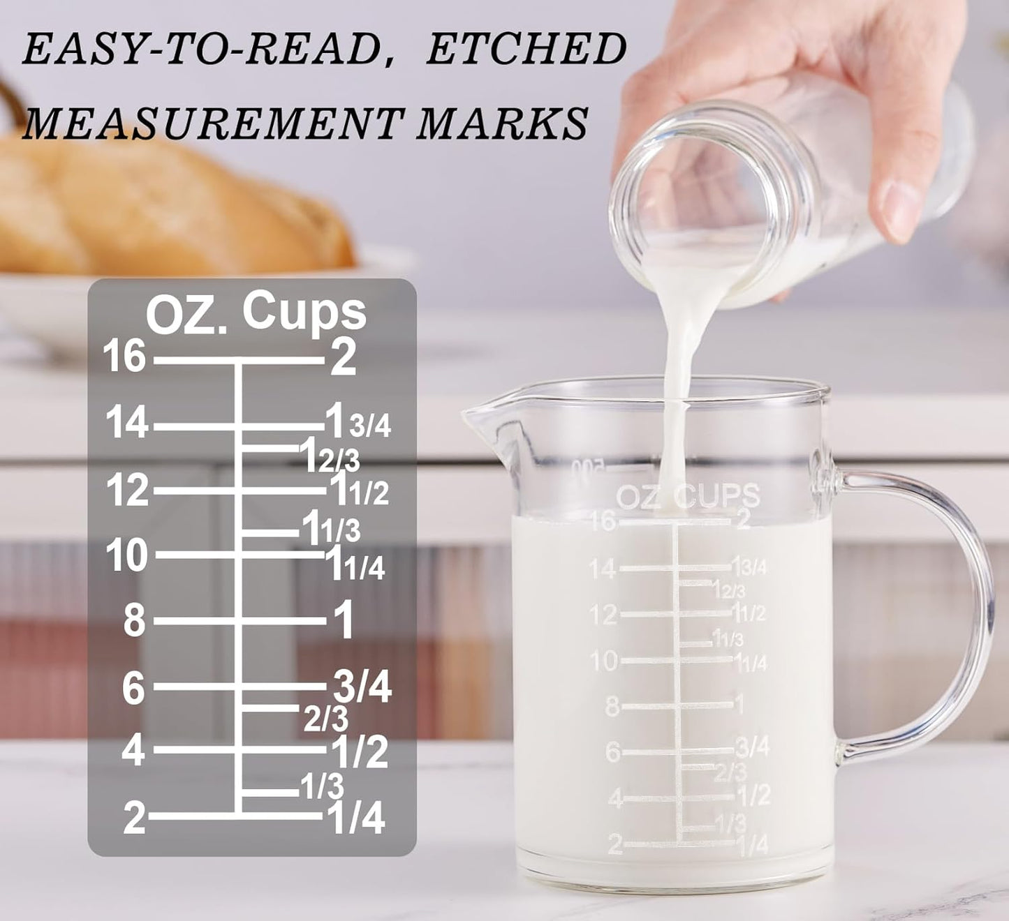 Ackers Etched Graduated Glass Measuring Cup - [Insulated Handle | V-Shaped Spout] - High Borosilicate Glass Measuring Cup for Kitchen or Dining, Easy to Read, 500 ML (16 Oz, 2 Cup)