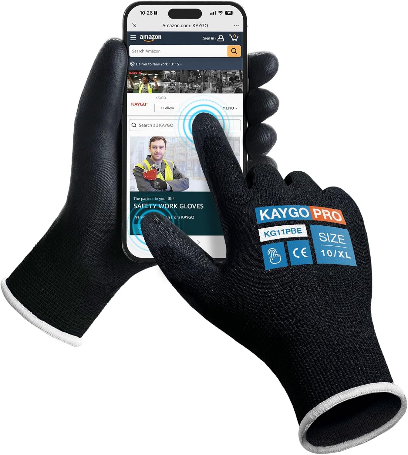 KAYGO Safety Work Gloves PU Coated for Men and Women, 60 Pairs KG11PB, Seamless Knit Glove with Two Fingers Touchscreen, breathable and lightweight Ideal for General Duty Work (XL,Black)