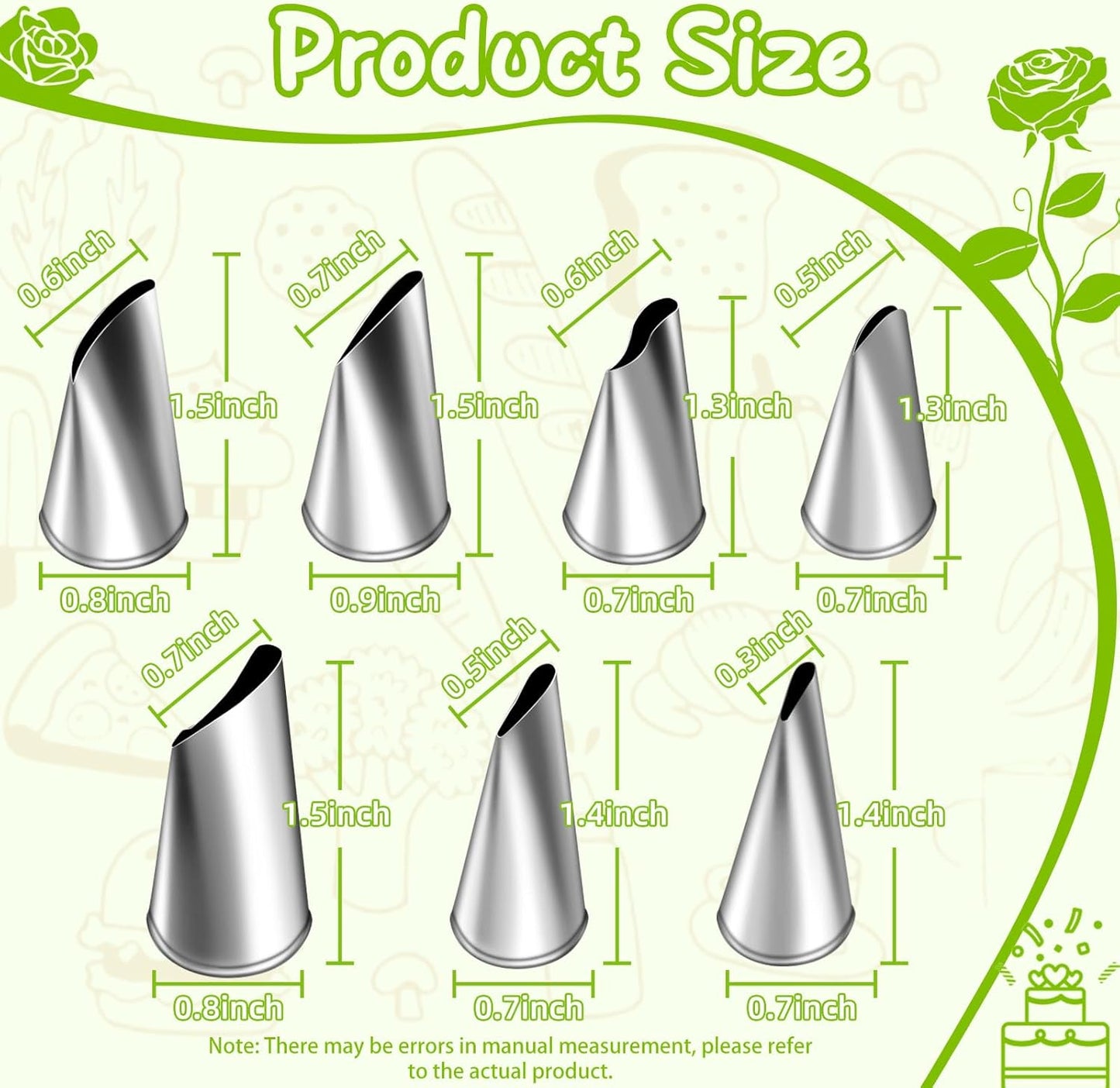 Suuker Fondant Rose Piping Tips Set, Stainless Steel Cake Decorating Pastry Tools, Cake Decorating Supplies Baking Set Tools (7 Pieces)