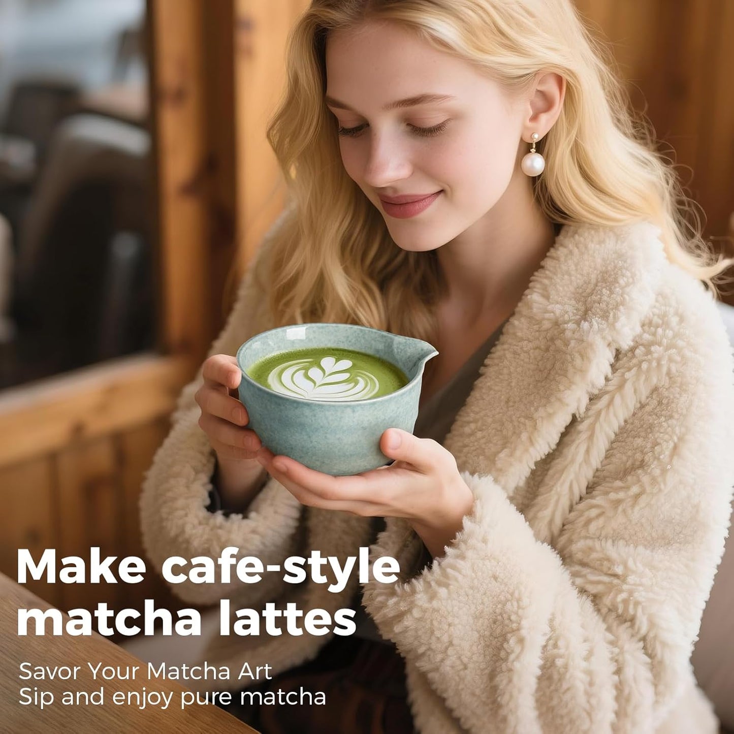 Matcha Whisk Set - Bamboo Whisk and Holder, Bowl with Spout (17 oz), Matcha Sifter and Scoop, 5 Pcs Cute Matcha Kit Set Gift for Matcha Lovers (Bluish Green)