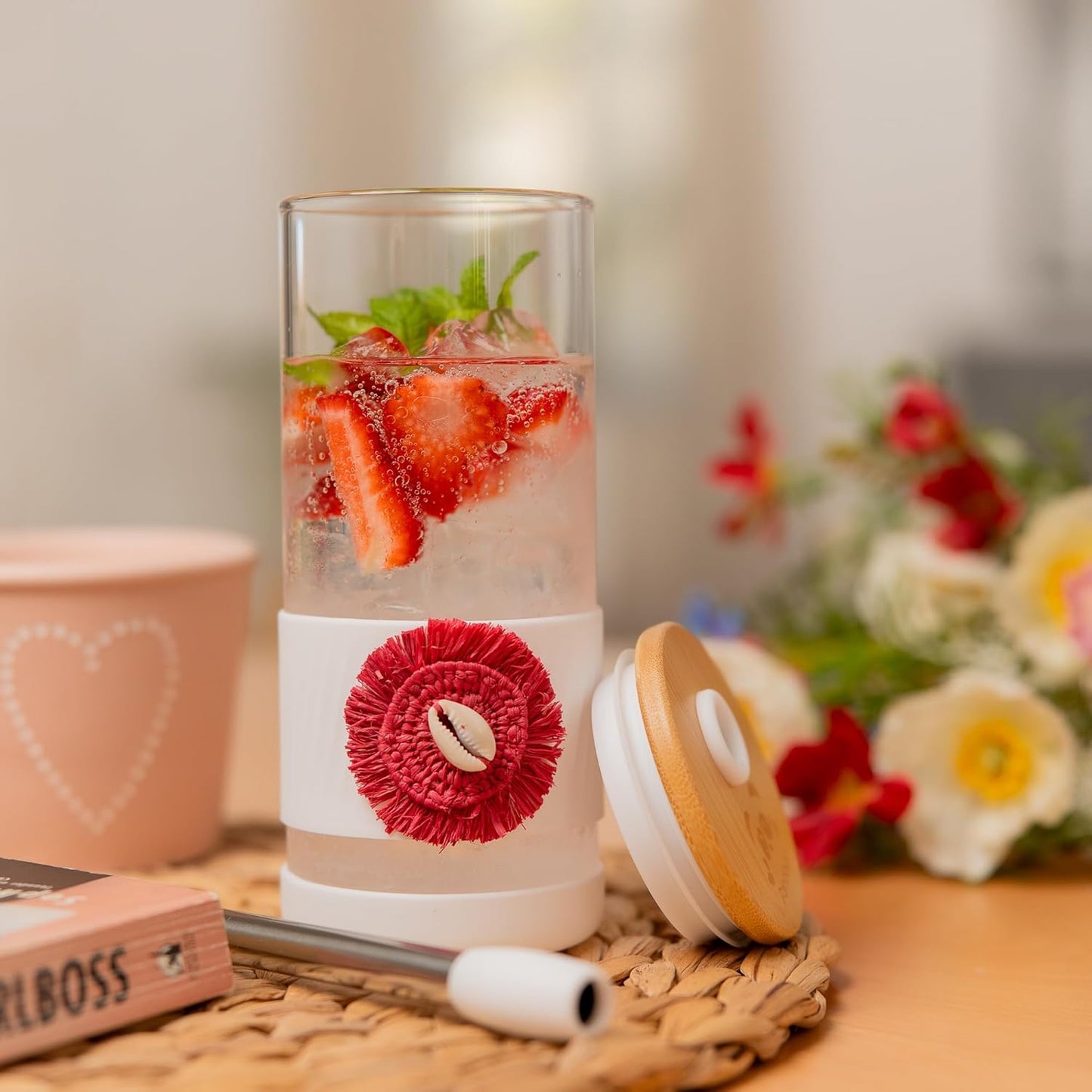 Pandaloo® Glass Cups With Lids and Straws -20 Fl Oz- Perfect Size Iced Coffee Cup - Smoothie Cup With Bamboo Lid and On the go Lid (Ethnic chic-Fabulous Fez, 1 Count (Pack of 1))