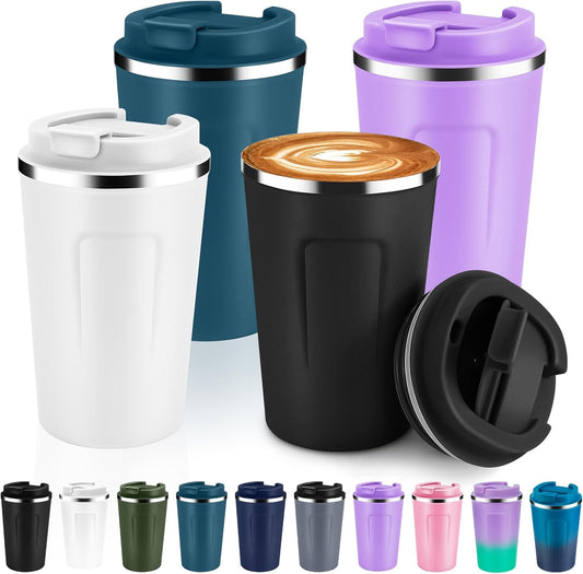 Volhoply 12 oz Double Wall Insulated Vacuum Travel Coffee Mug with Flip Lid Bulk 4 Pack,Reusable Stainless Steel Leak Proof Coffee Cup,Portable Thermal Tumbler for Hot&Cold Drinks(Assort Color,4 Set)