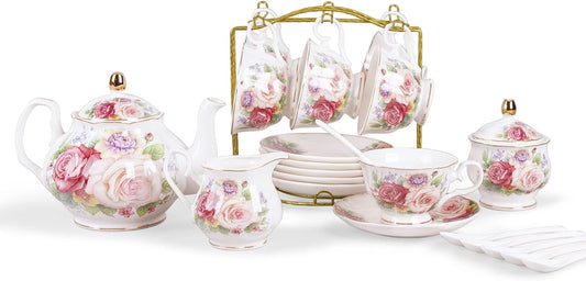 fanquare European Porcelain Coffee Set, Pink Women Tea Set, Bone China Tea Set, Vintage Floral Coffee Tea Pot with Cups