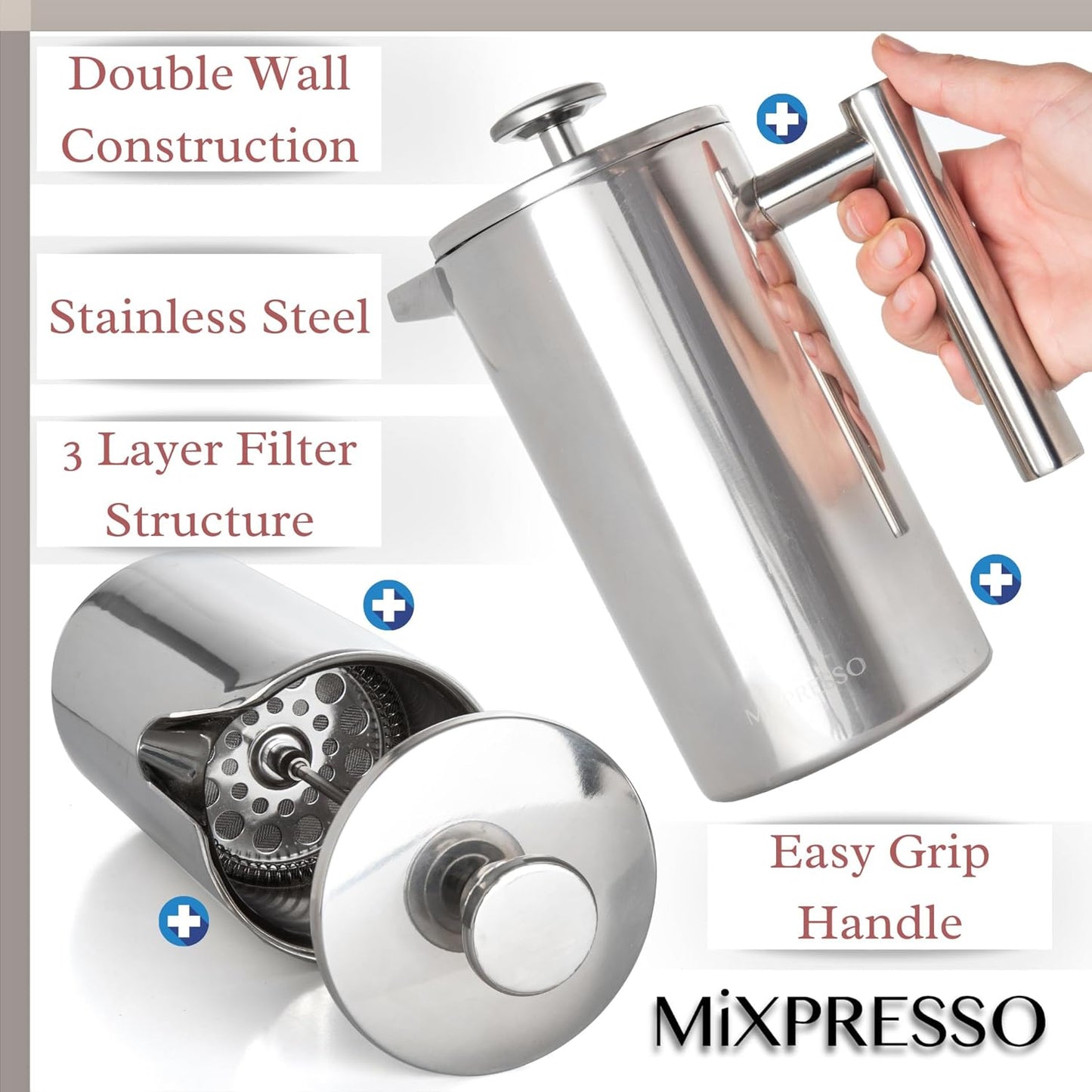 Mixpresso Stainless Steel French Press Coffee Maker 27 Oz 800ml, Double Wall Insulated French Press Stainless Steel, Built-In Thermometer, Easy Clean Tea Brewer, Easy Press Durable Metal Coffee Press