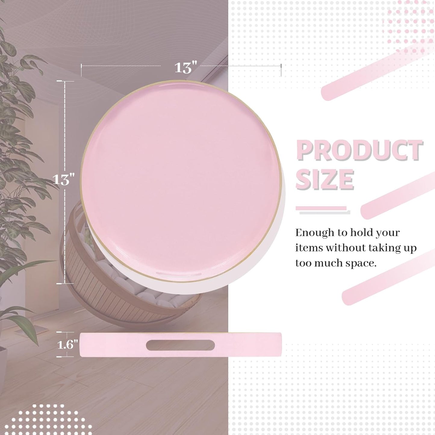 MAONAME 13" Round Tray, Pink Serving Tray with Handles, Modern Decorative Trays for Coffee Table, Plastic Ottoman Trays for Ottoman, Bathroom, Decor