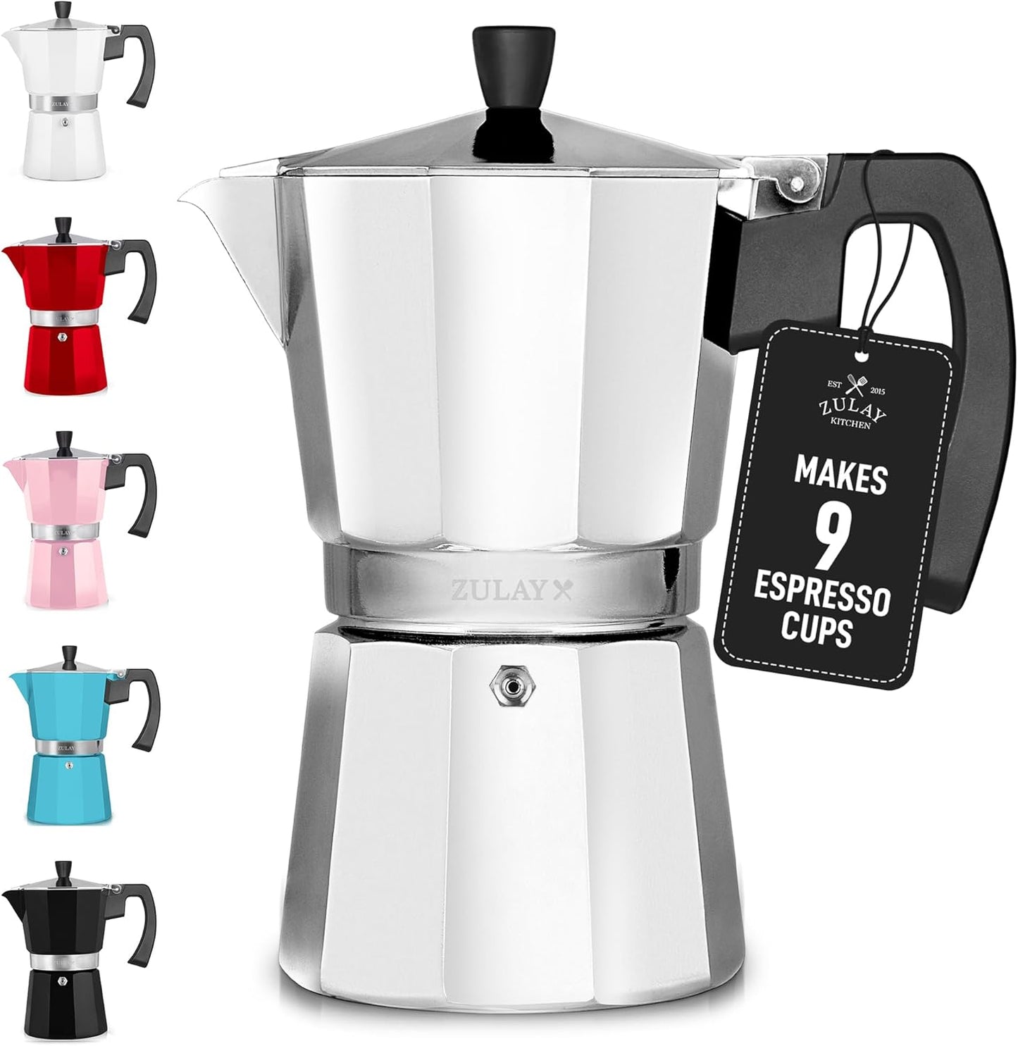 Zulay Moka Pot Espresso Stovetop Coffee Maker - Leak-Proof, Aluminum, Easy to Clean, Heat Resistant Handle & Knob - for Authentic Cuban & Italian Style Espresso - Makes 9 Espresso Cups - Silver