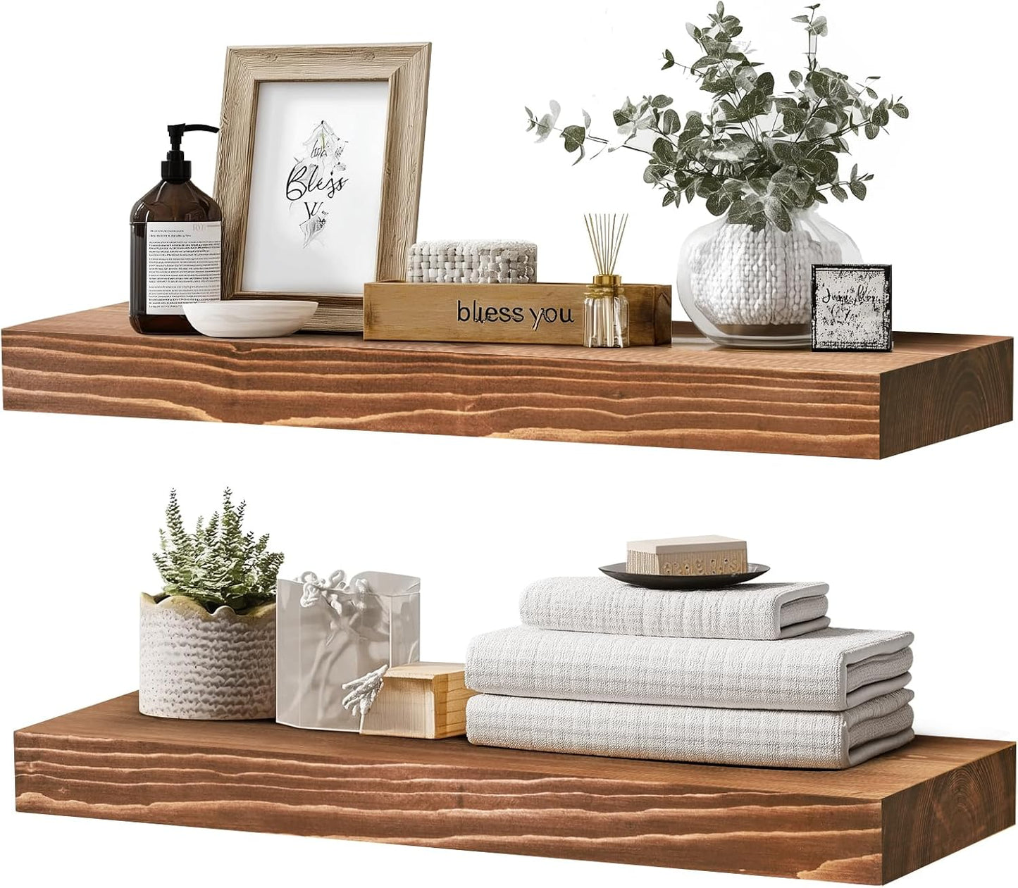 24x8x1.6 inch Floating Shelves Set of 2 – Solid Wood Rustic Brown Wall Mounted Shelf for Kitchen, Bathroom, Living Room