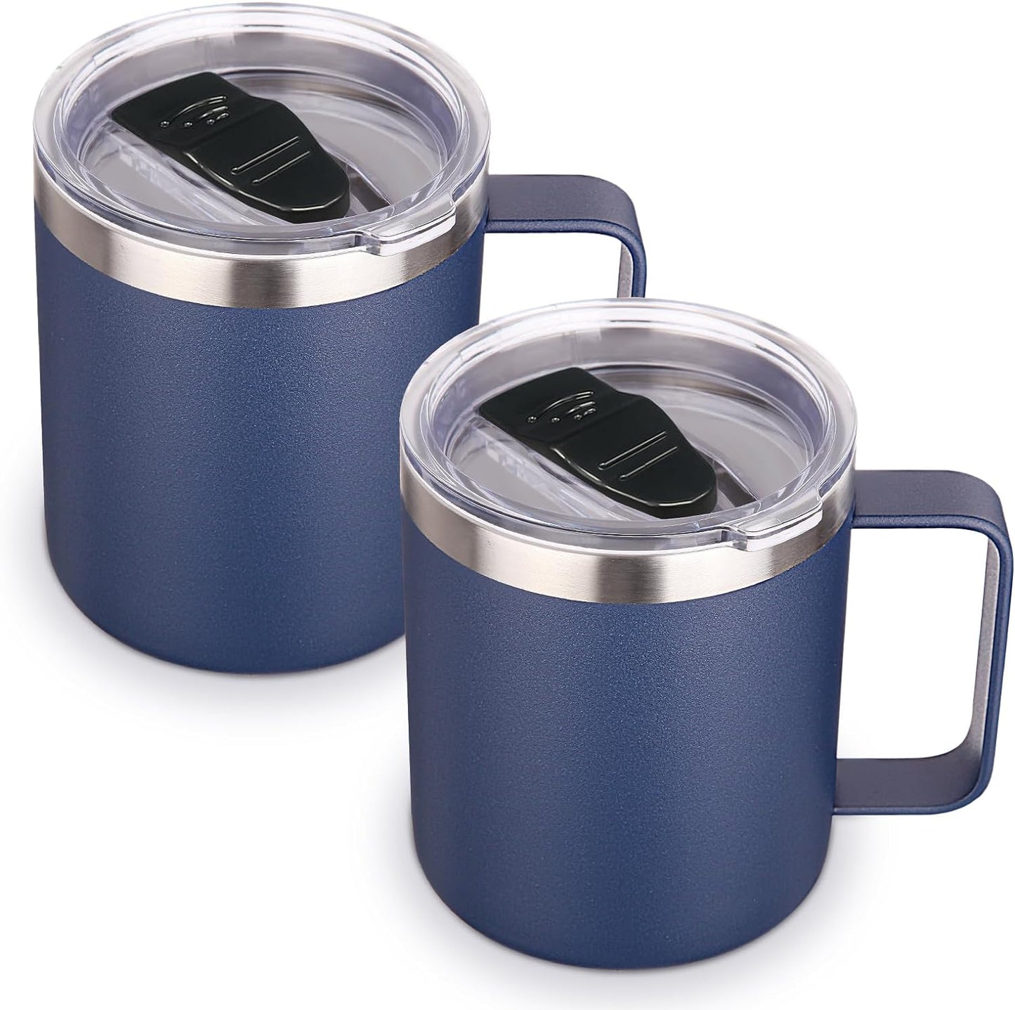 Volhoply 14oz Insulated Stainless Steel Coffee Mug with Lid Bulk 2 Pack,Double Wall Vacuum Travel Coffee Cup with Handle,Reusable Metal Cups Tumbler,Camping Mugs Keep Hot,Ideal Gifts(Navy,2)