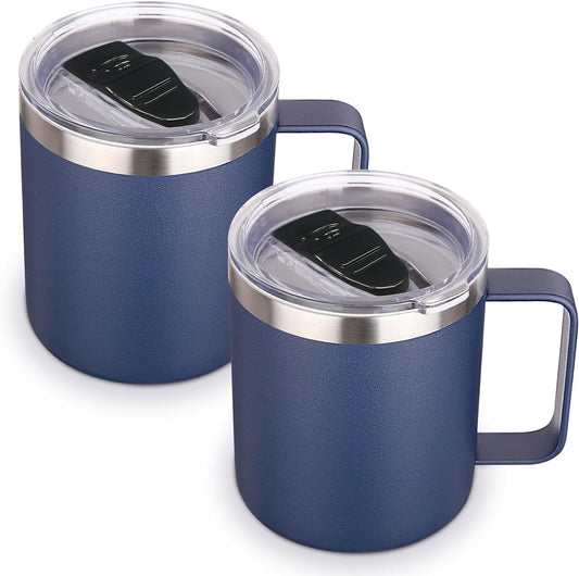 Volhoply 14oz Insulated Stainless Steel Coffee Mug with Lid Bulk 2 Pack,Double Wall Vacuum Travel Coffee Cup with Handle,Reusable Metal Cups Tumbler,Camping Mugs Keep Hot,Ideal Gifts(Navy,2)