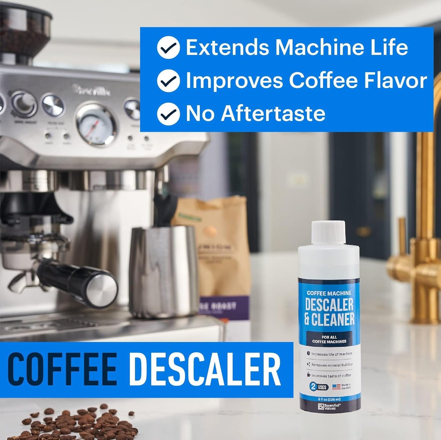 Essential Values Descaling Solution (8 fl oz / 236 ml) – Coffee Maker Cleaner for Nespresso, Keurig, Breville & More – Works on All Machines & Espresso Makers – Made in USA
