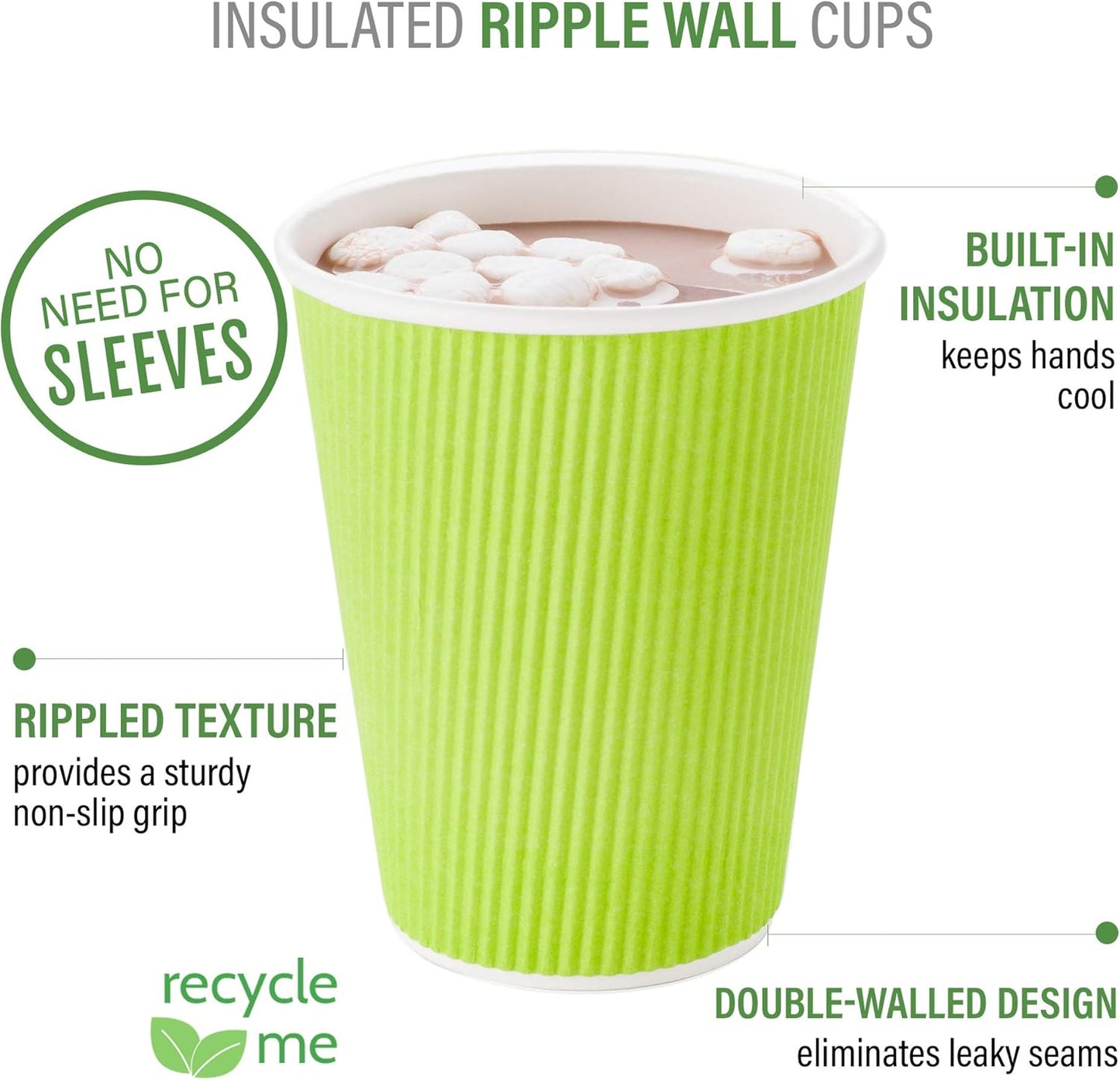Restaurantware 8 Ounce Double Wall Disposable Coffee Cups, 500 Insulated Light Green Paper Tumblers, Ripple Wall Design, Lids Sold Separately for Hot Drinks like Tea, Hot Chocolate, and More
