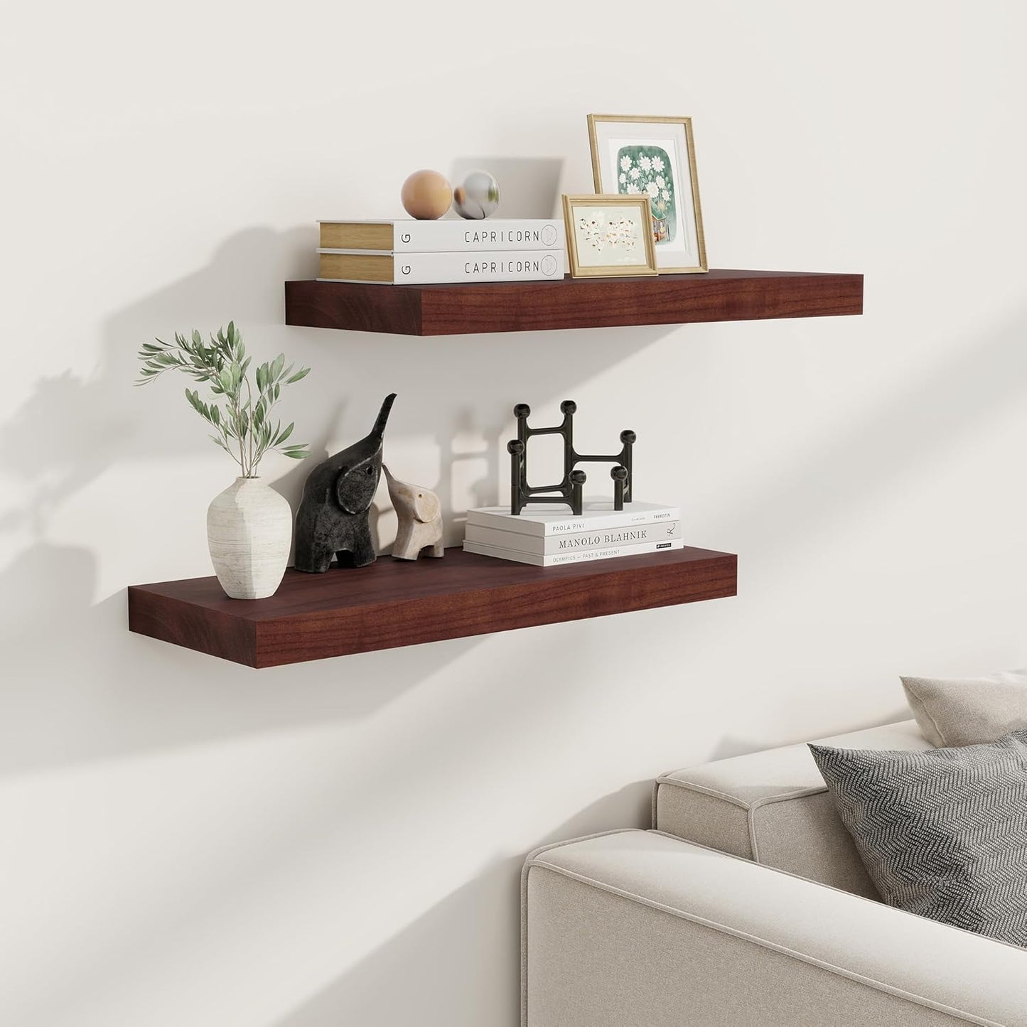 Floating Shelves, 9.3 Inch Deep Floating Shelves for Wall, Solid Wood Shelves 24 Inch Long, Deep Wall Shelves for Living Room, Bathroom, Kitchen, 24"W x 9.3"D x 1.6"H, Red Brown, Set of 2
