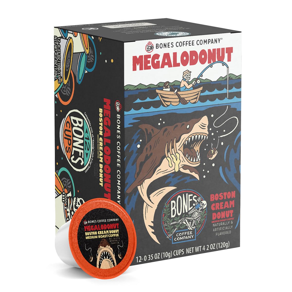 Bones Coffee Company Megalodonut, Boston Cream Donut Flavored Coffee Pods, Low Acid Medium Roast Single-Serve Bones Cups, Compatible with Capsule Brewers Coffee Maker, 12 Count