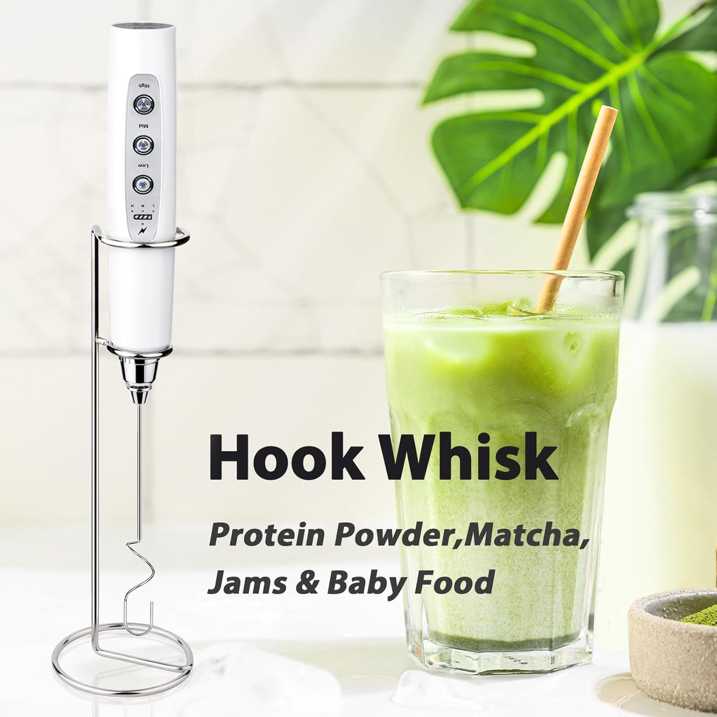 Milk Frother with Stand Rechargeable-Handheld Coffee Frother with 3 Stainless Whisks 3 Speed Adjustable, Electric Whisk Drink Mixer, Foam Maker Blender for Matcha Latte Cappuccino Chocolate