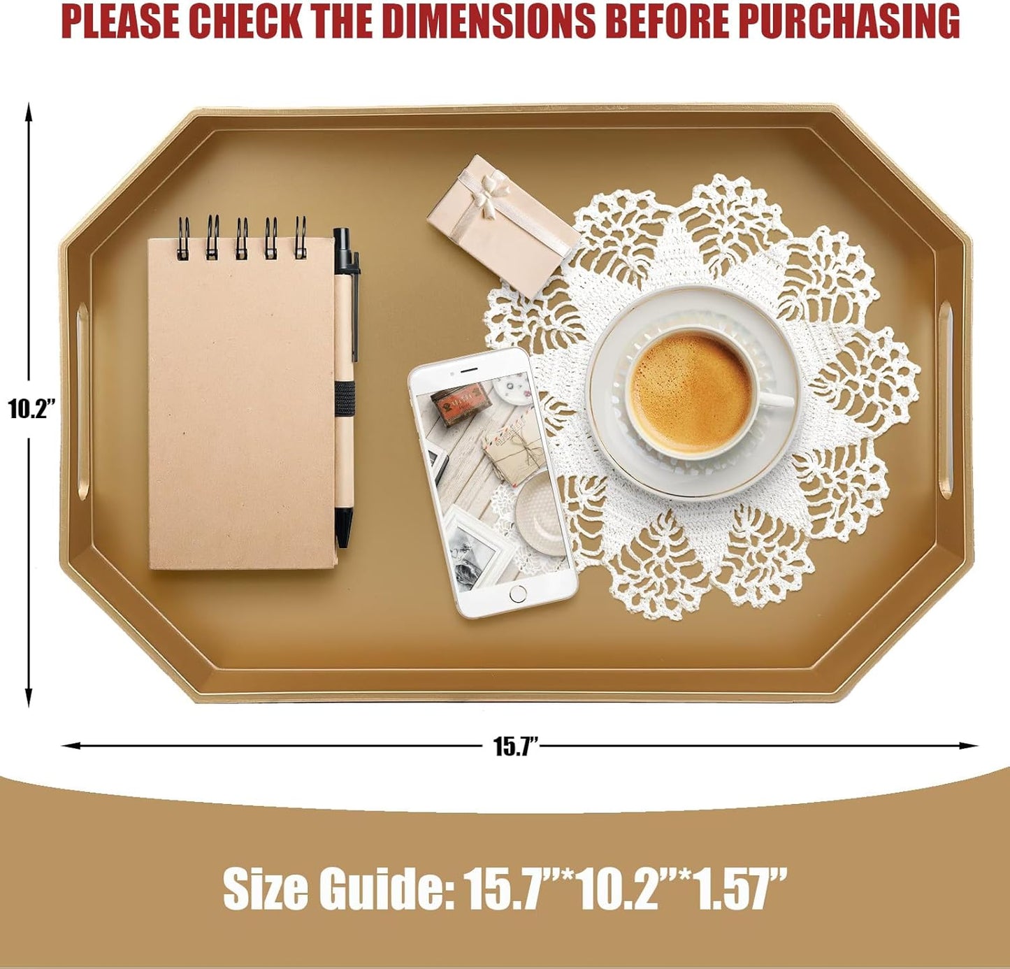 Gold Decorative Tray with Handles, Versatile Serving Tray for Coffee Table, Ottoman, Ideal for Serving, Displaying, Organizing, 15.7"*10.2"*1.57"