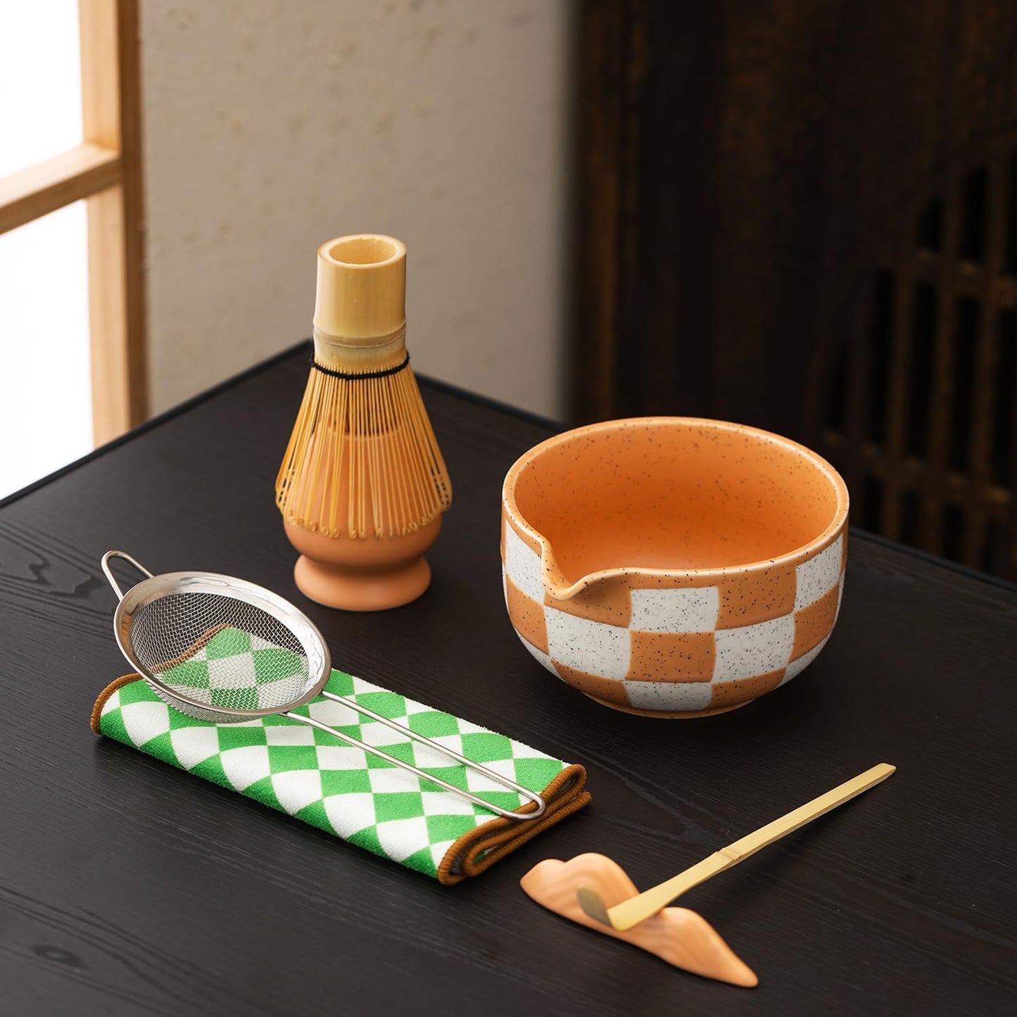 Premium 7-Piece Matcha Tea Set – Traditional Japanese Style with Elegant Grid Pattern, Includes Bamboo Whisk, Ceramic Bowl, Scoop & More – Perfect for Matcha Lovers & Tea Ceremony (Orange grid)