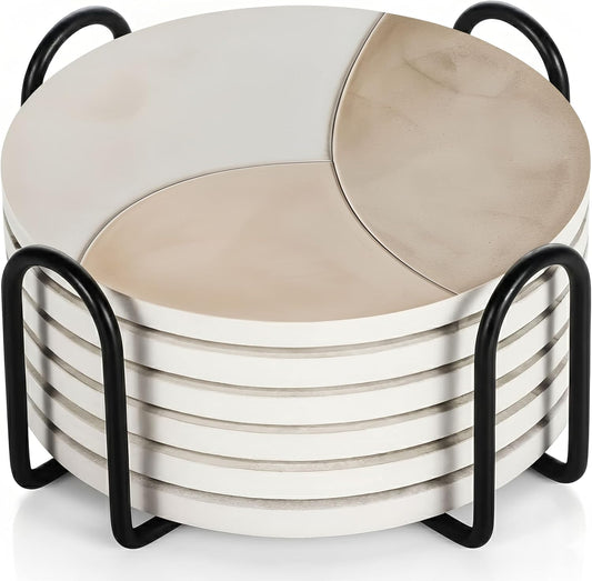 VEYRO Coasters Set of 6 for Drinks – Absorbent Ceramic Stone Drink Coasters with Cork Backing for Coffee Table & Desk, Modern Marble Look Cup Coaster Set, Housewarming Gift for New Home