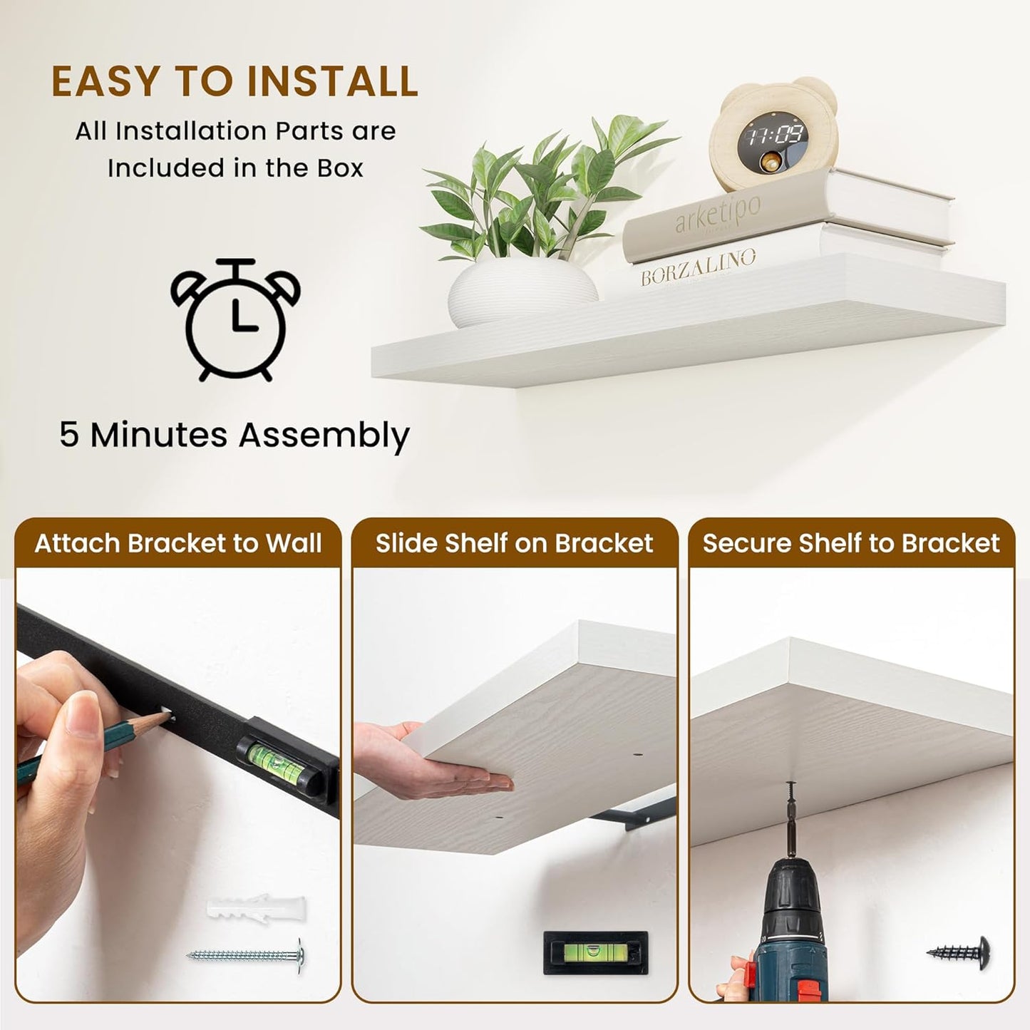 Fun Memories 30 Inch Floating Shelves for Wall, 9 Inch Deep White Rustic Wood Wall Mounted Shelves for Bathroom, Bedroom, Living Room, Set of 2