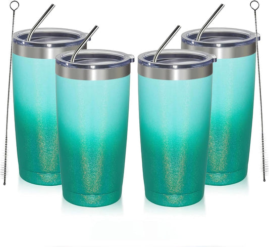 MEWAY 20oz Tumbler 4 Pack Double Wall Vacuum Insulated Travel Glitter Mug Bulk, Stainless Steel Tumblers with Lid and Straw, Powder Coated Coffee Cups for Woman(Gradient Green,Set of 4)