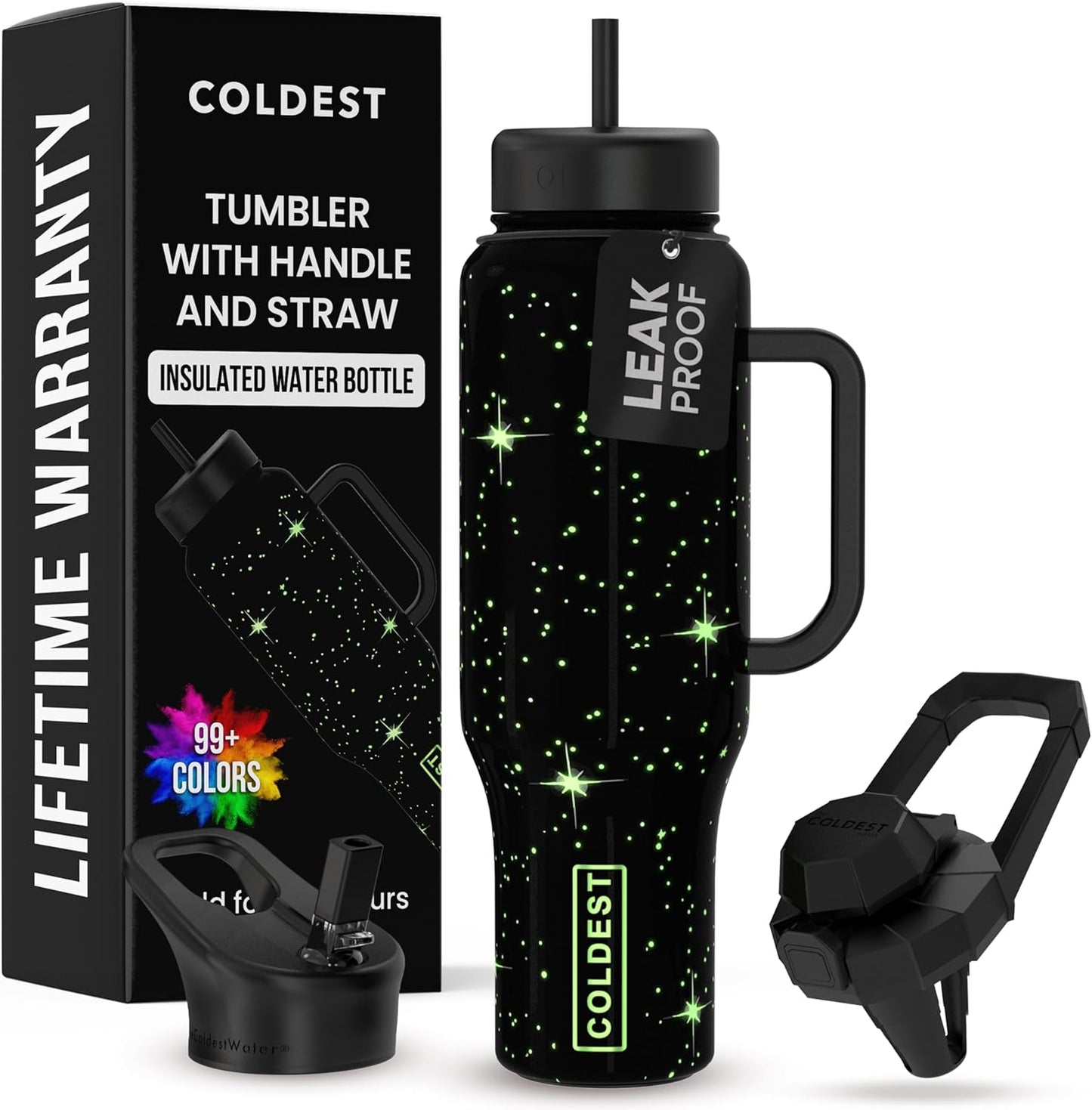 Coldest 40 oz Tumbler with Handle and Straw - 100% Leak Proof Insulated Tumbler with Lid and Straw (3 Lids) - Stainless Steel Tumblers for Women & Men - Cup Holder Friendly Base, 46 oz (Farther Away)