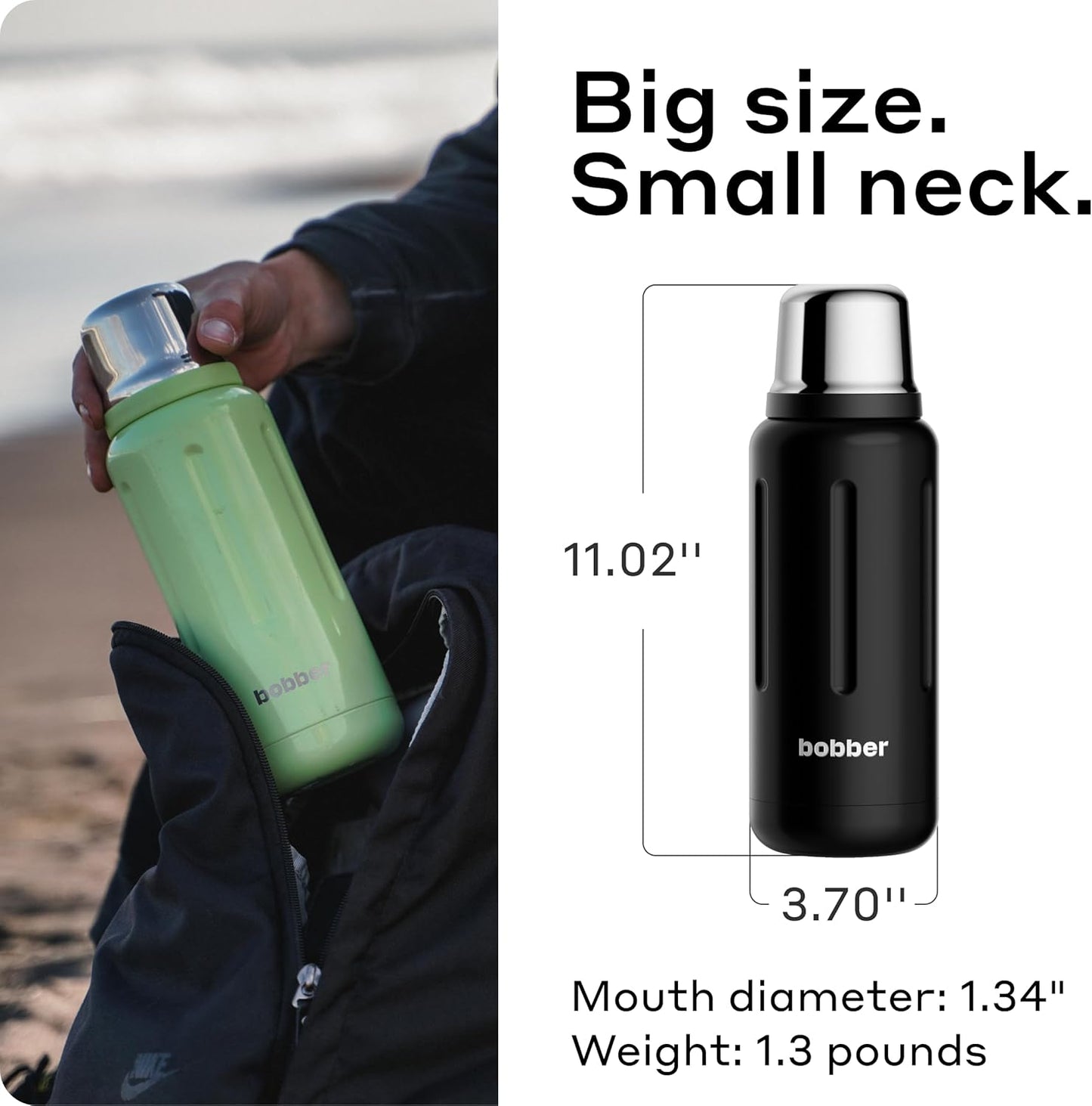 BOBBER 34 oz Stainless Steel Travel Thermos for Hot and Cold Drinks – Dishwasher Safe Metal Water Bottle with Cup Lid – Keeps Hot for 48 Hours – BPA-Free, Vacuum Insulated (Black Coffee)