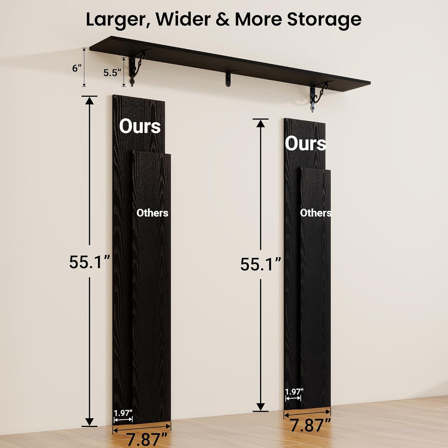 RICHFOCUS Floating Shelves for Wall Decor, 55.1W x 8D Wall Shelves Set of 2, 8 Inch Deep Rustic Wood Shelves Wall Mounted with Brackets, Long Floating Shelves for Living Room Bedroom Kitchen, Black