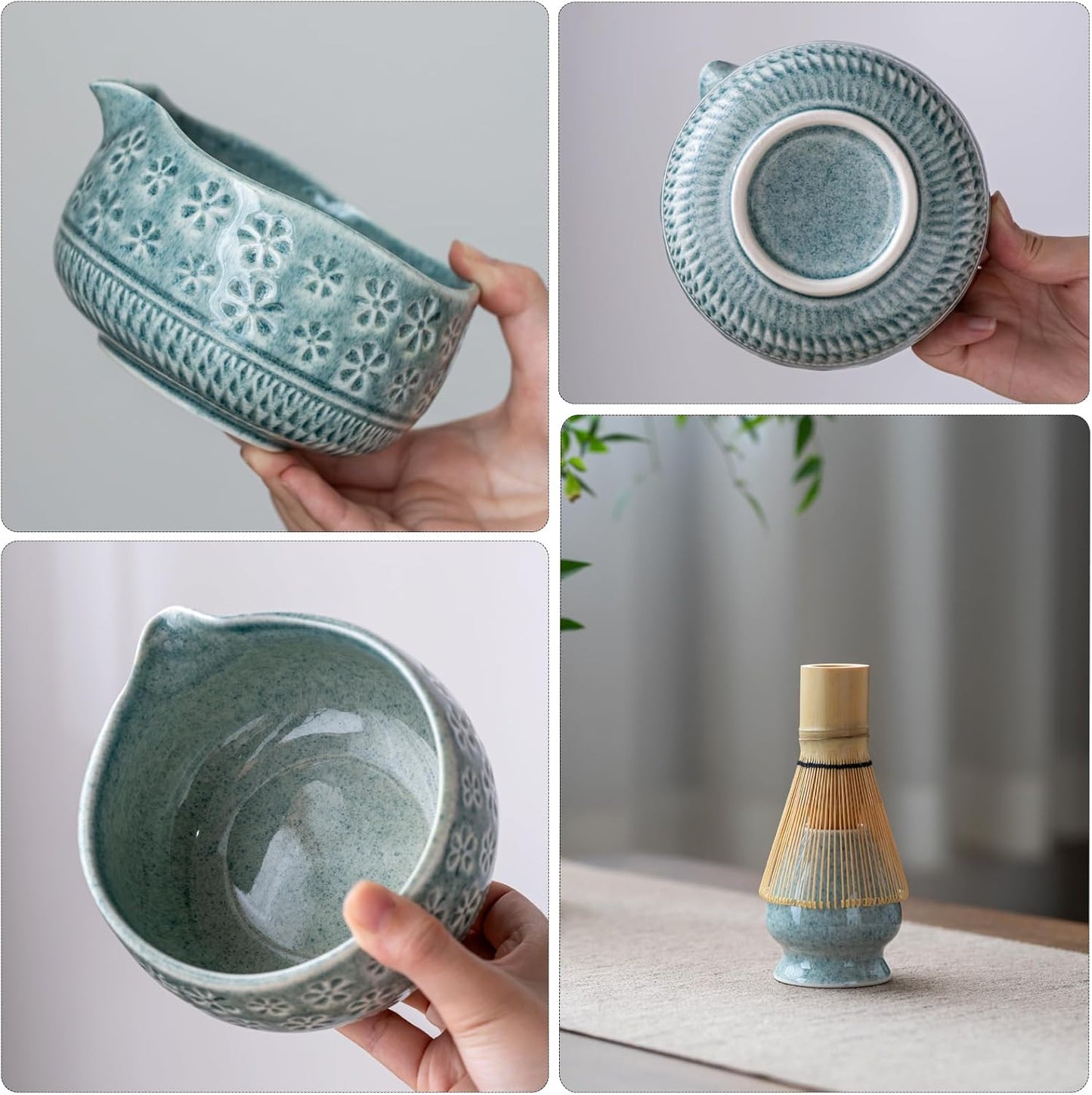 Matcha Whisk Set, Ceramic Matcha Set Includes Matcha Bowl, Matcha Whisk and Holder, Bamboo Scoop, Scoop Rest, Sifter and Tea Towel - 7 Pcs Matcha Kit for Matcha Lovers (Blue)
