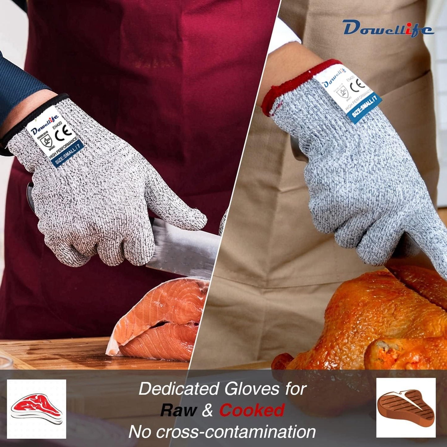 Dowellife Cut Resistant Gloves Food Grade Level 5 Protection, Safety Kitchen Cuts Gloves for Oyster Shucking, Fish Fillet Processing, Mandolin Slicing, Meat Cutting and Wood Carving. (X-Large-2 Pairs)