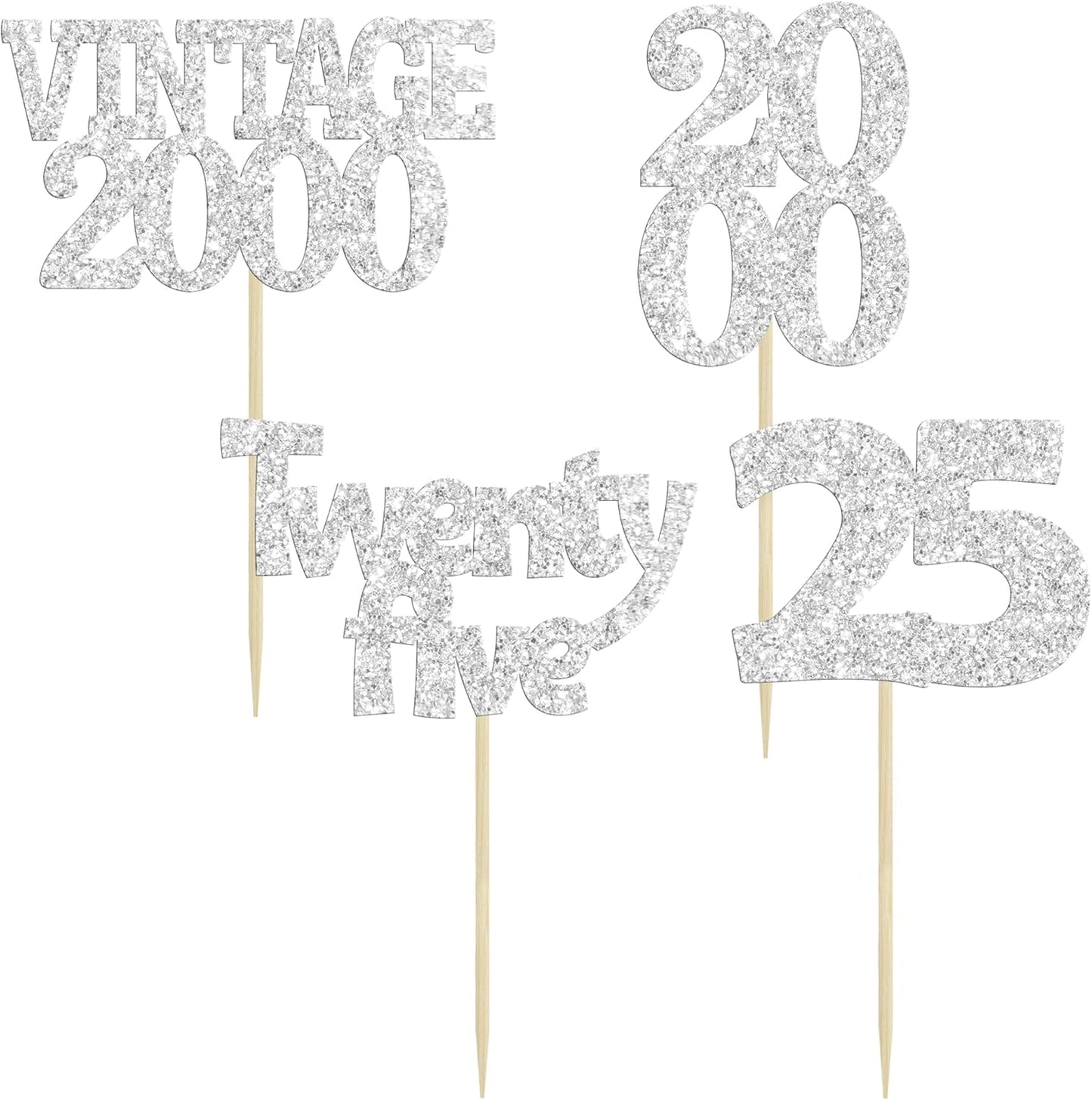 Gyufise 24Pcs 25th Birthday Cupcake Toppers Glitter Twenty-five Vintage 2000 Hello 25 Years Birthday Cupcake Pick Cheers to 25 Cake Decoration for Happy 25th Anniversary Party Supplies Silver
