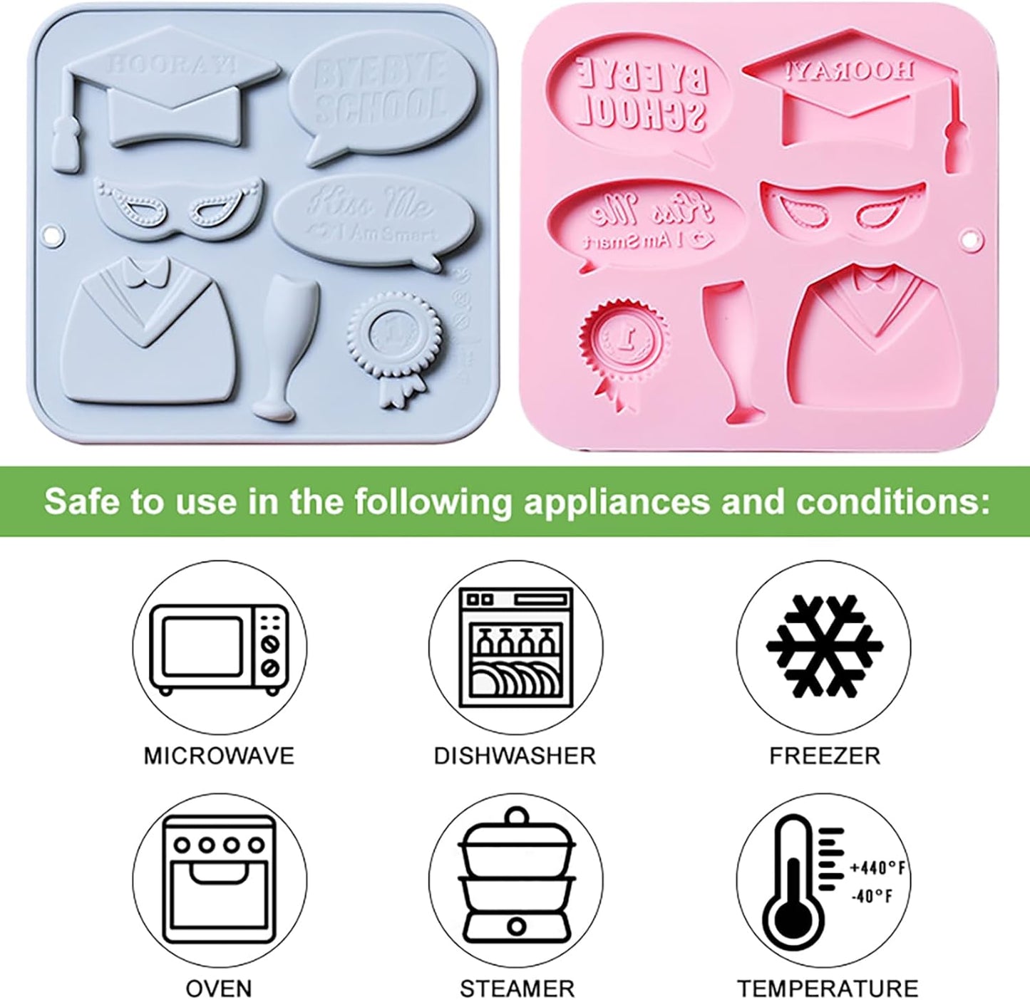 Graduation Chocolate Mold Set - Silicone Baking Molds with Cap, Gown, Champagne Flute & Diploma Phrases, Reusable Food-Grade for Commencement Cakes, Cupcakes & Party Treats - 2 Pack